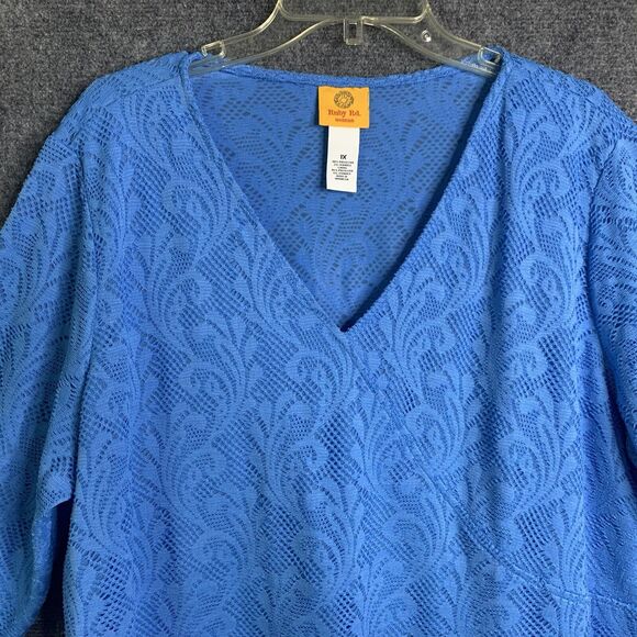 Ruby Road NWT Blue Lace Top Plus Size 1X Texture Lace 3/4 Sleeve Pullover V-Neck - Picture 2 of 10